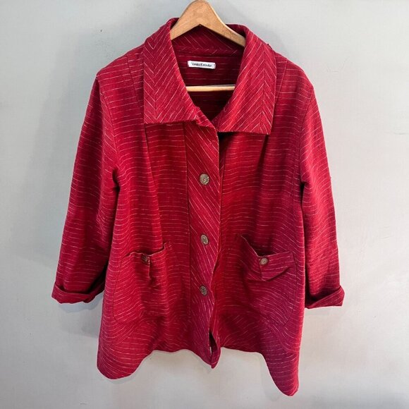 Yasuko Kurisaka Womens‎ Red Lagenlook Striped Button-Up Jacket- L - Picture 1 of 9